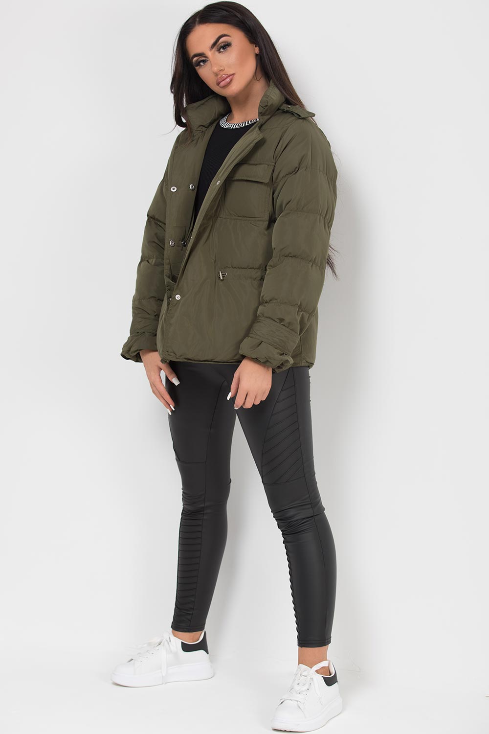 khaki puffer jacket with drawstring waist