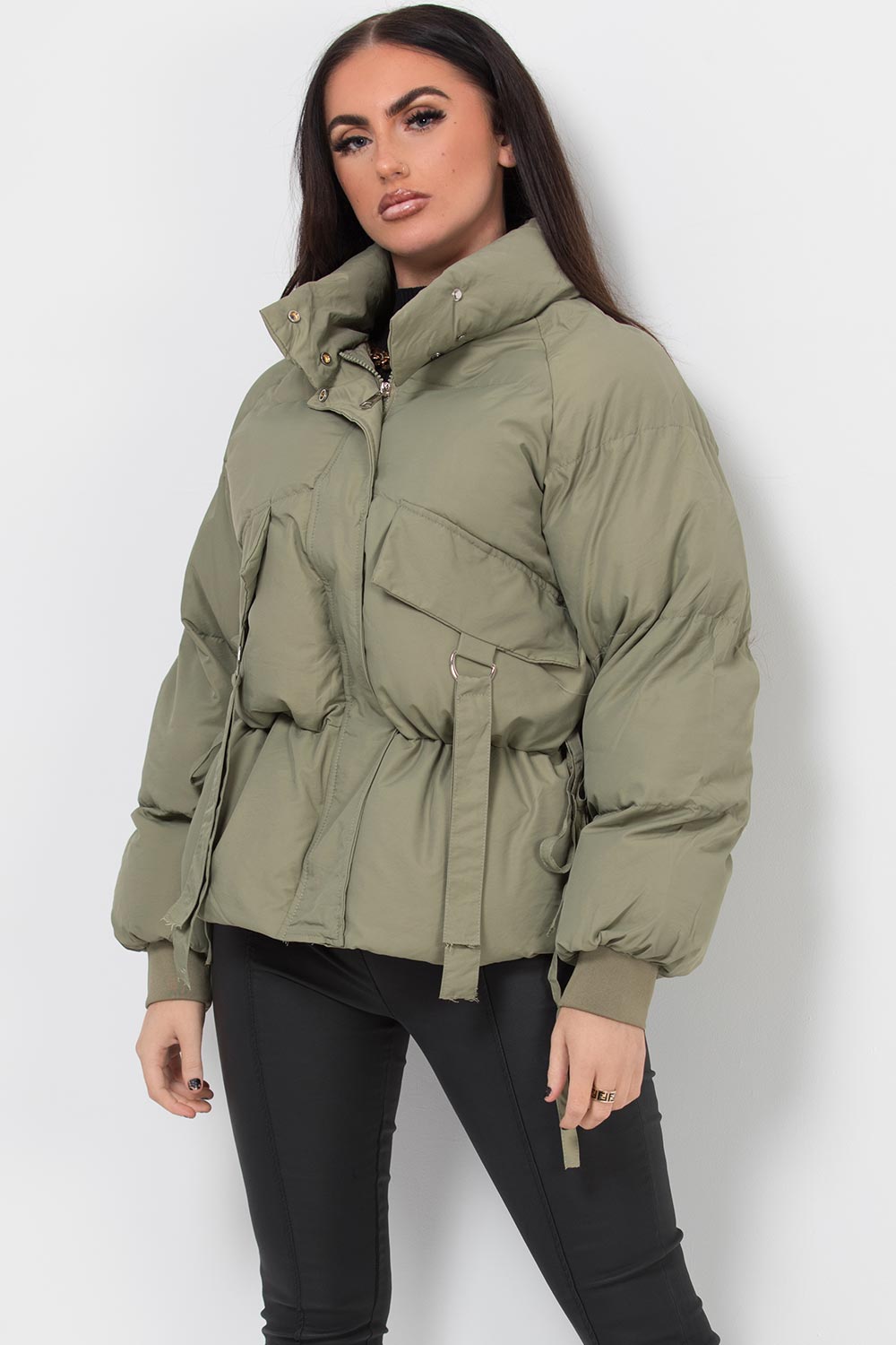 khaki puffer jacket with drawstring waist