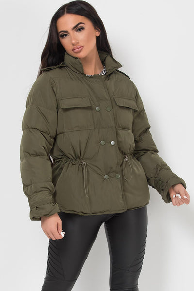 Puffer Jacket With Elasticated Drawstring Waist Khaki –