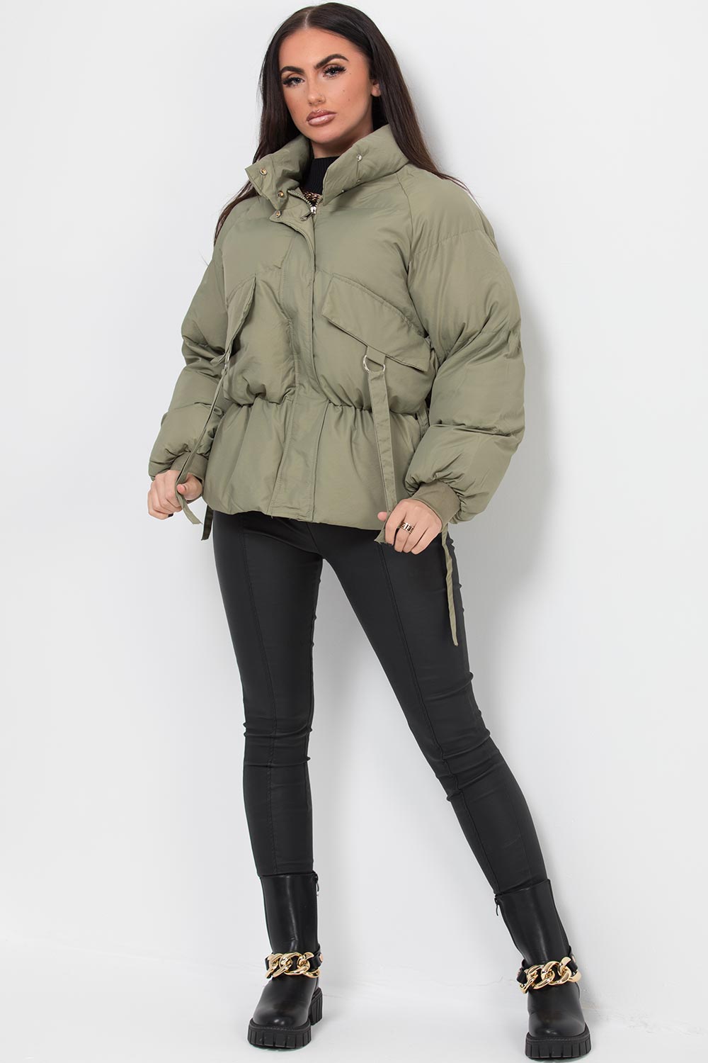 drawstring waist khaki puffer jacket