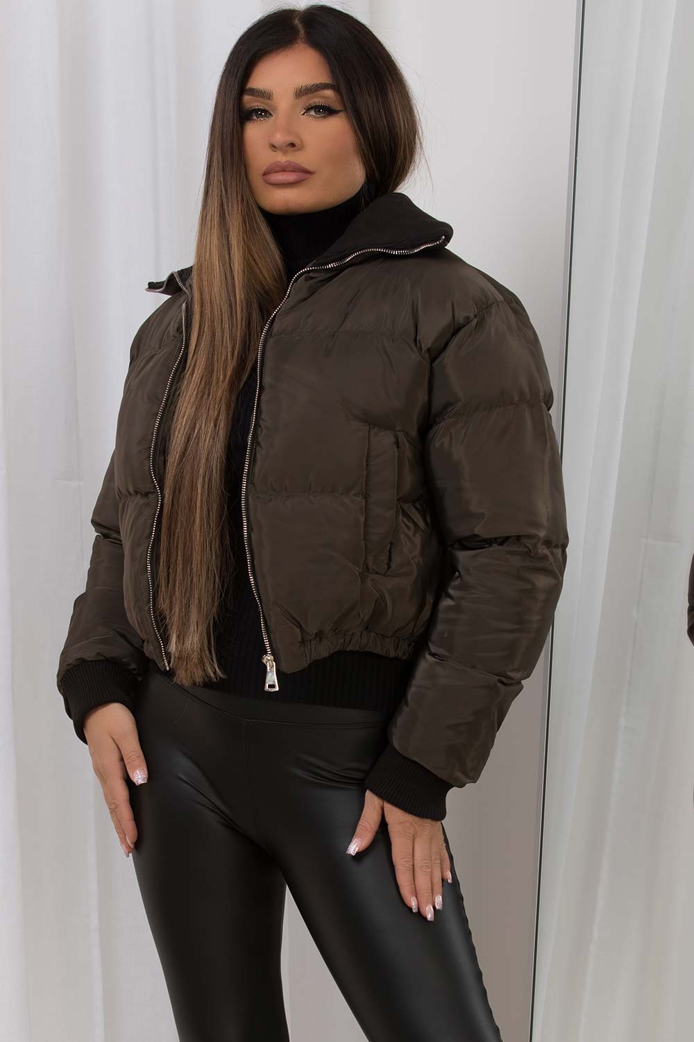 puffer jacket with rib collar womens