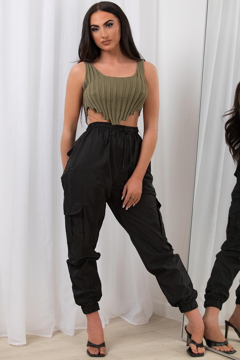 rib knit crop top khaki uk sale