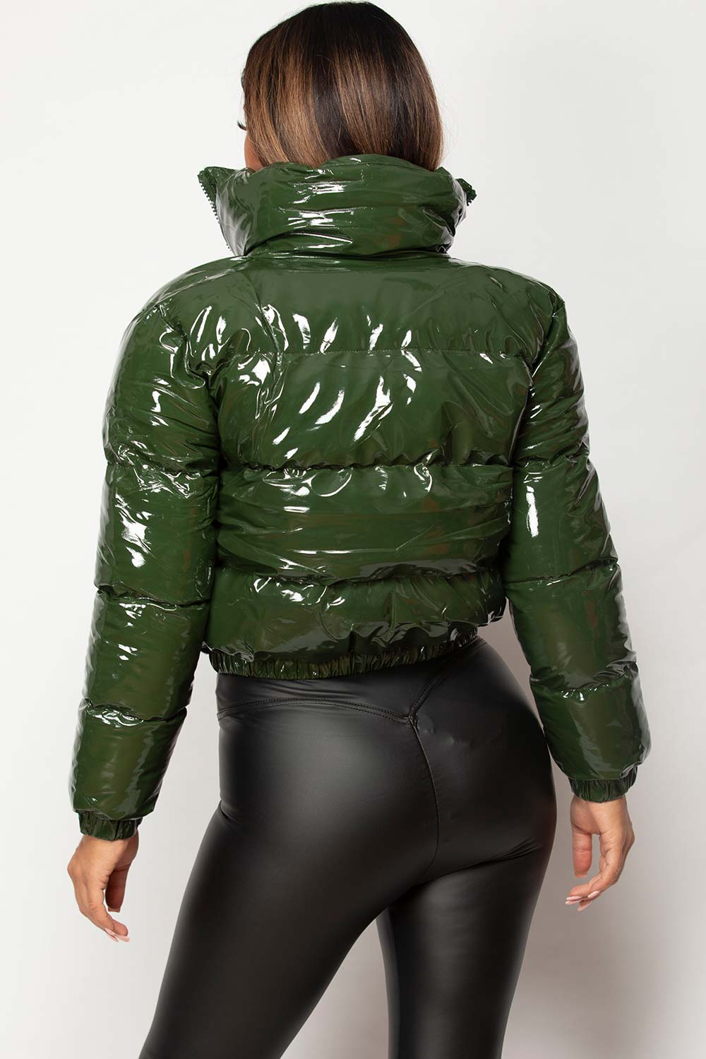 khaki vinyl puffer jacket high shine
