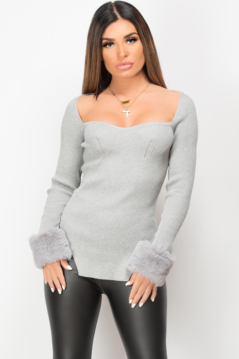 fur cuff bust detail knitted jumper