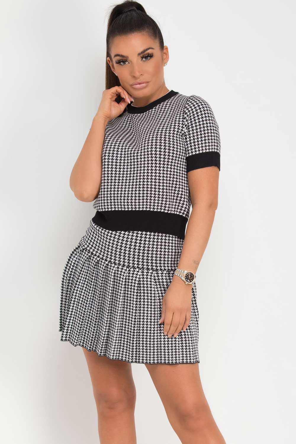 black white two piece skirt and top set