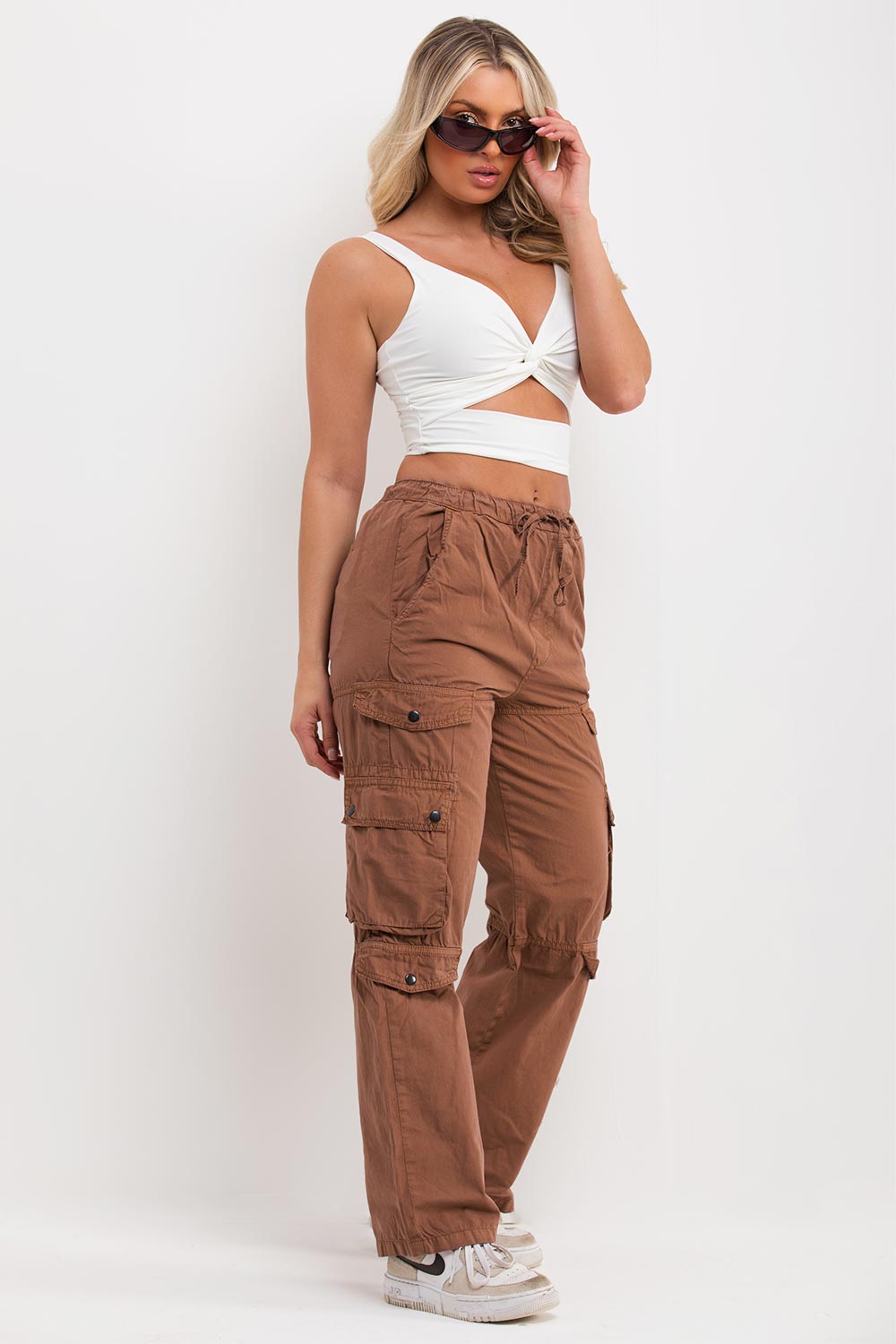 white slinky going out crop top with twist front