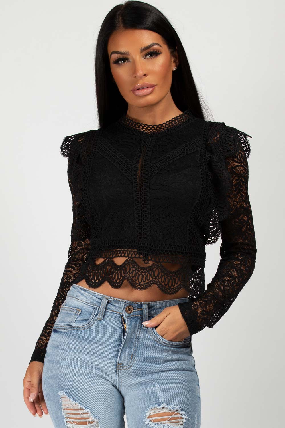 black lace ruffle long sleeve top