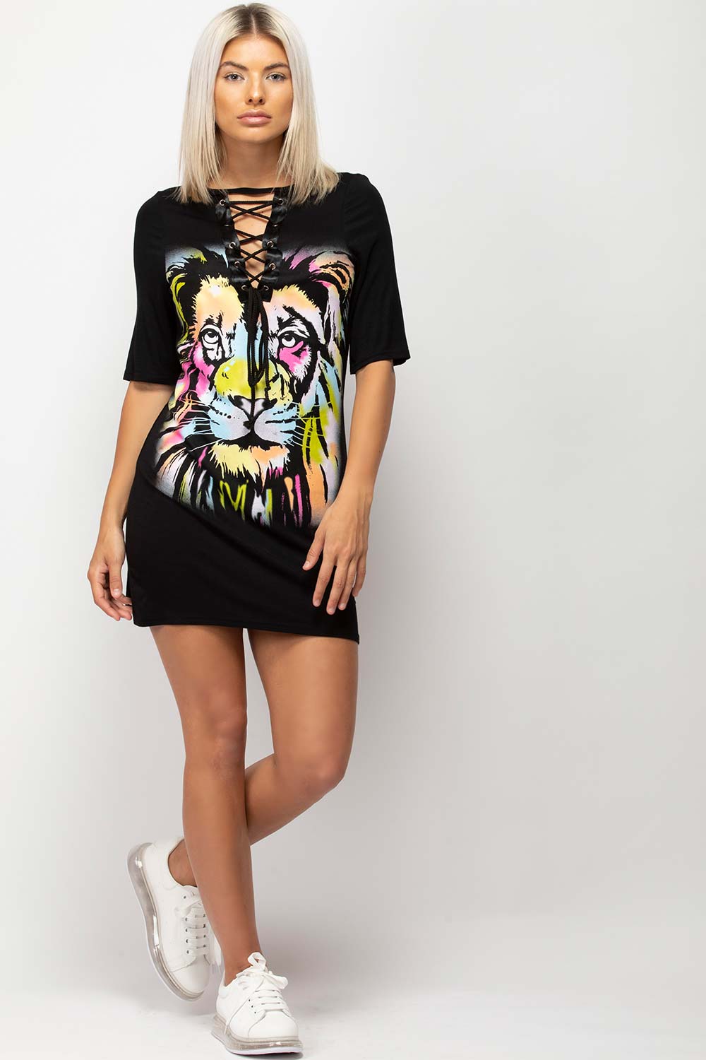 lace up front tiger print t shirt dress