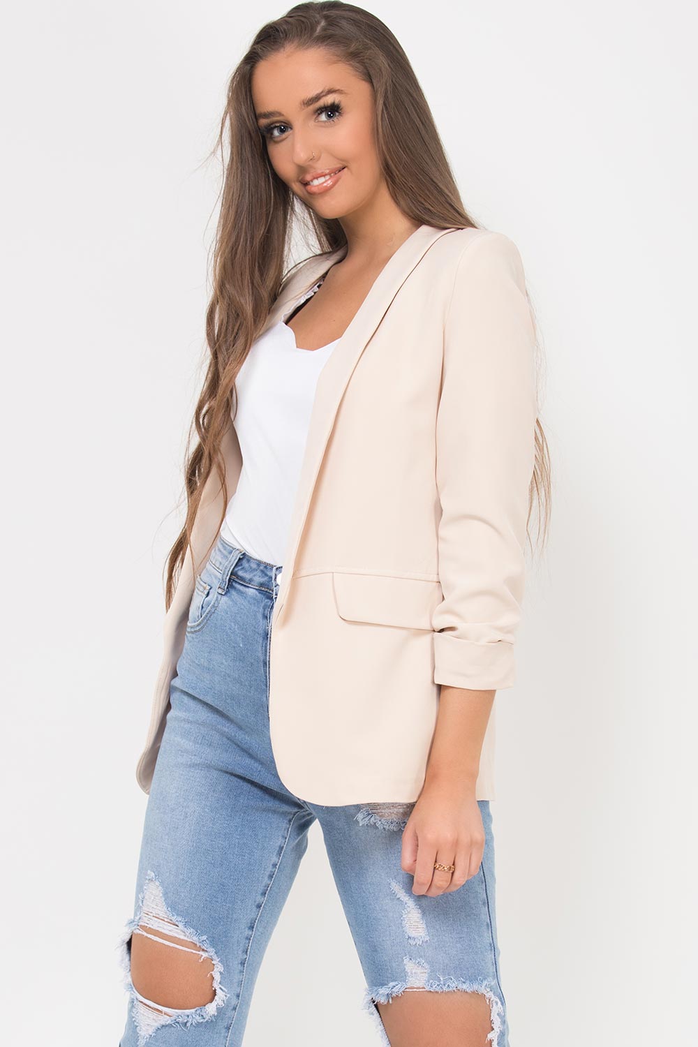 ruched sleeve blazer beige
