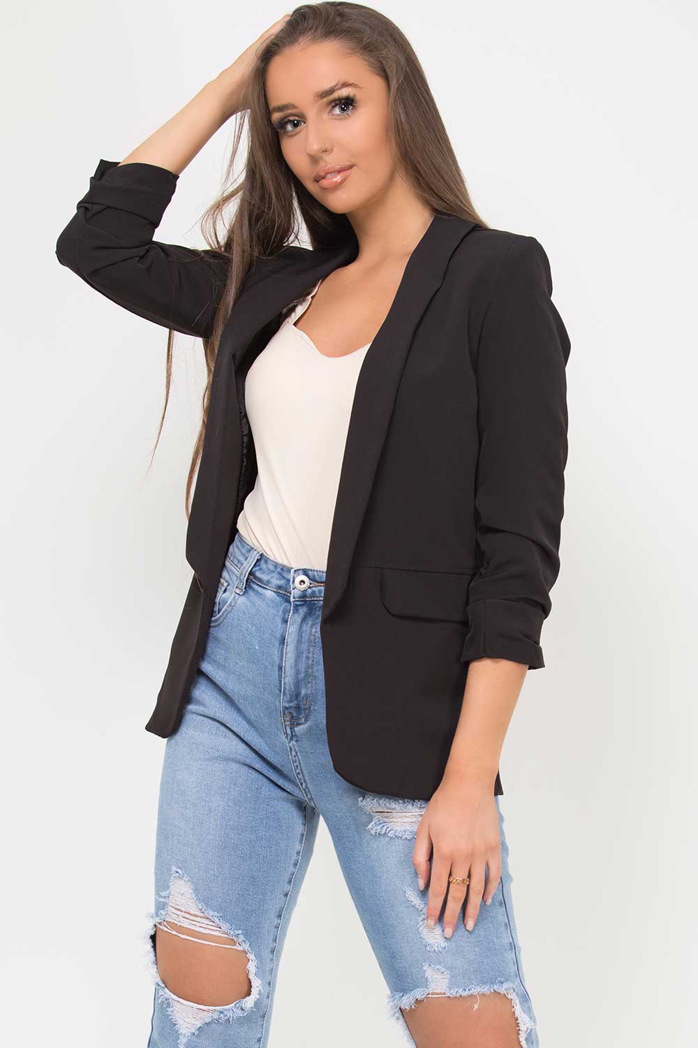 gathered sleeve blazer black