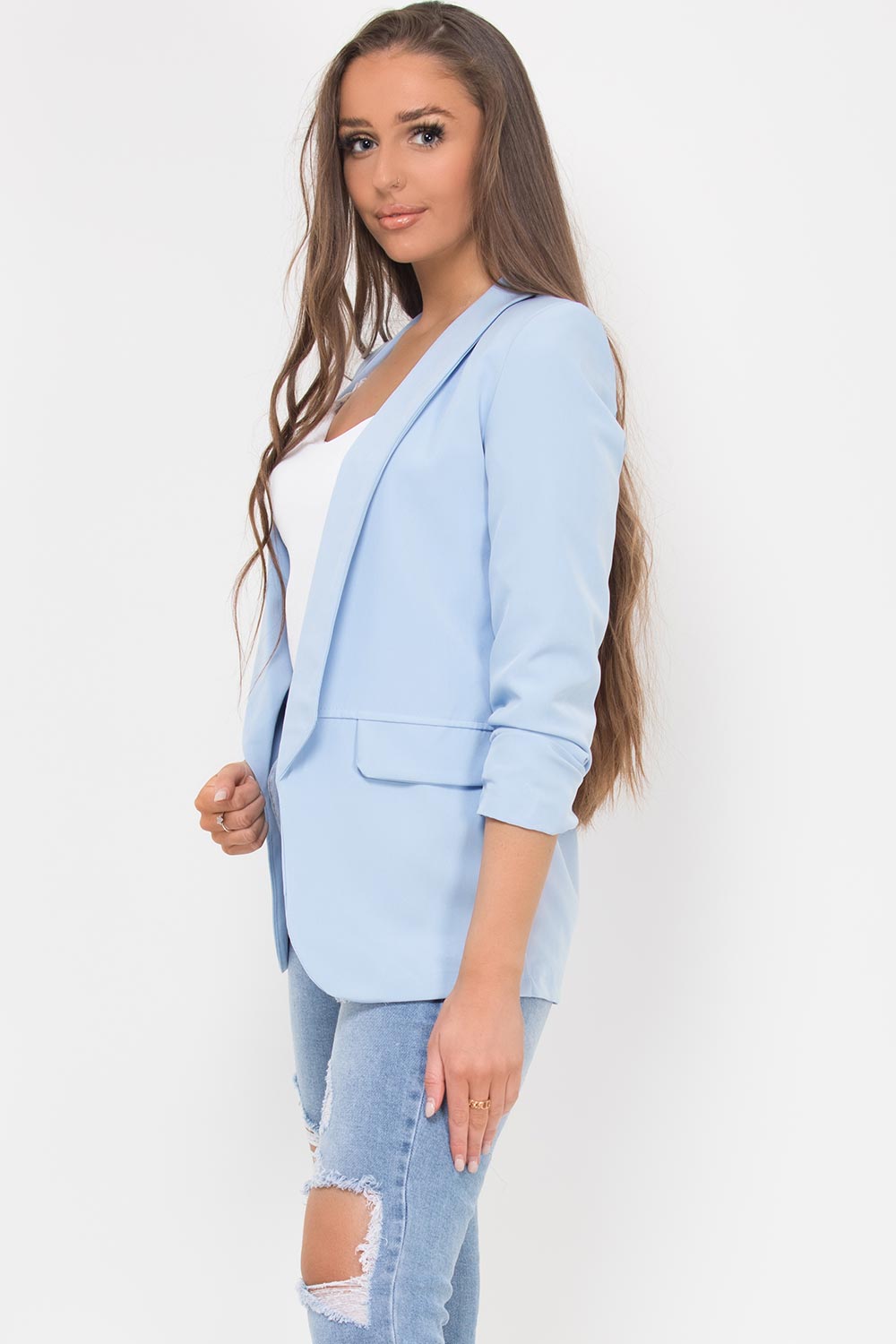 sky blue ruched sleeve lapel longline collar blazer womens