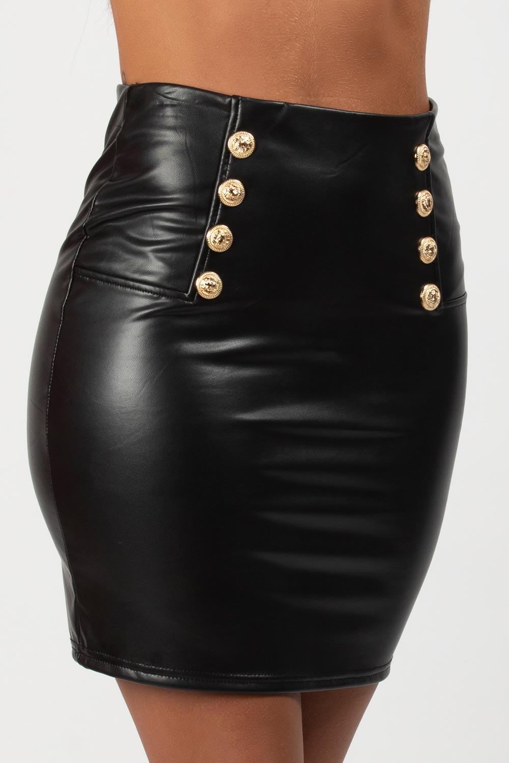 Black Vegan Leather Mini Skirt With Gold Button Detail