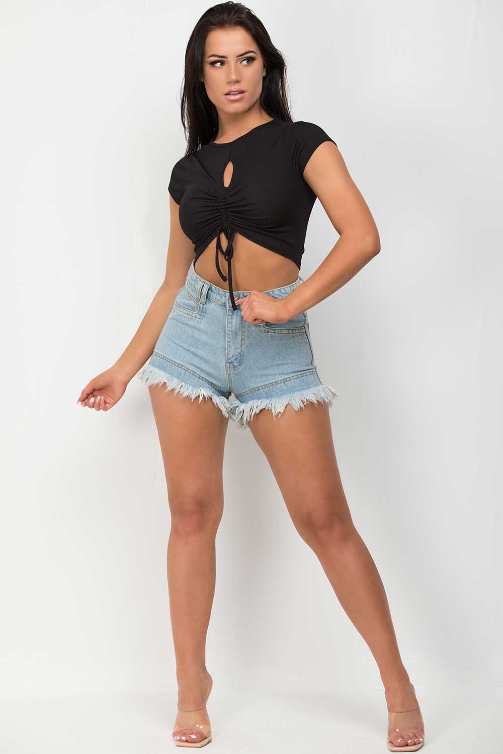 denim shorts with frayed hem womens