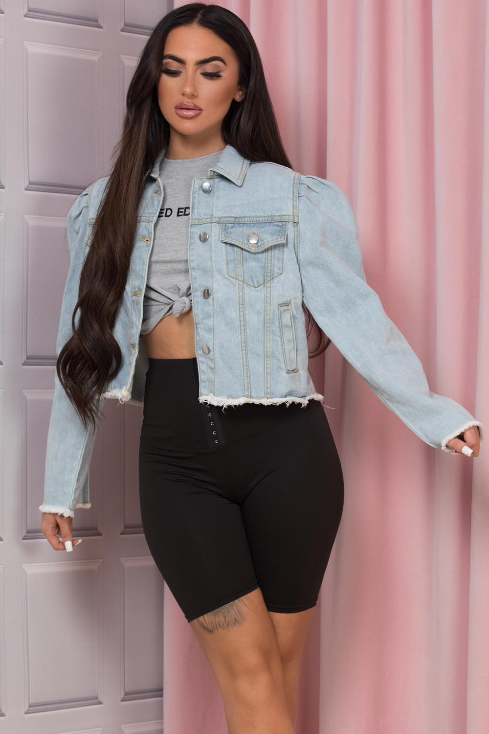 light wash denim jacket with puff shoulders