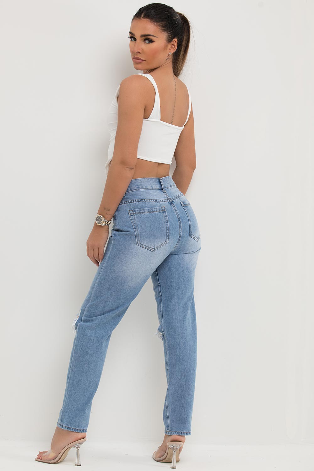 womens ripped knee high waisted straight leg jeans