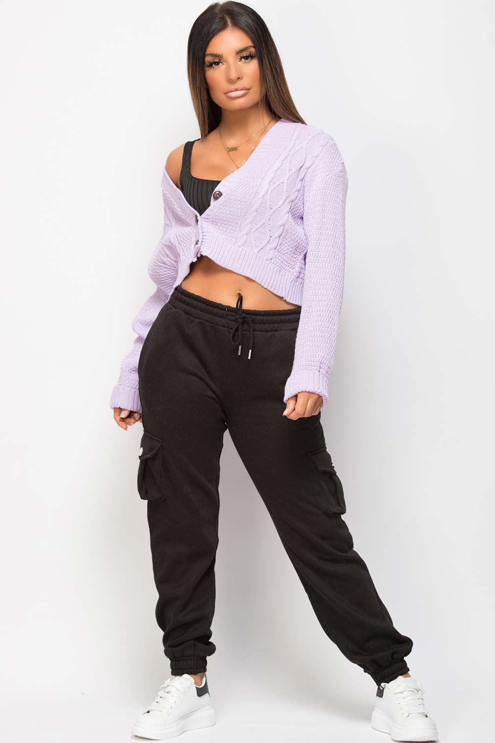 lilac crop cable knit cardigan