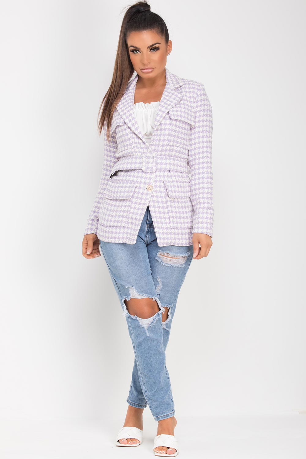 hounds tooth tweed blazer with belt womens