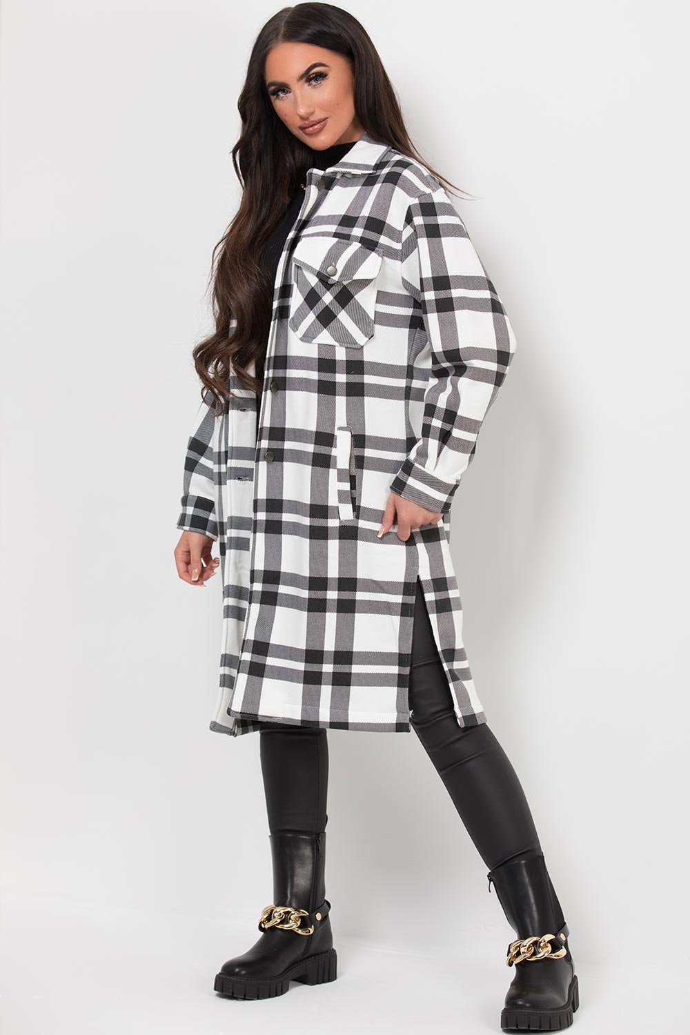 black white check long shacket womens