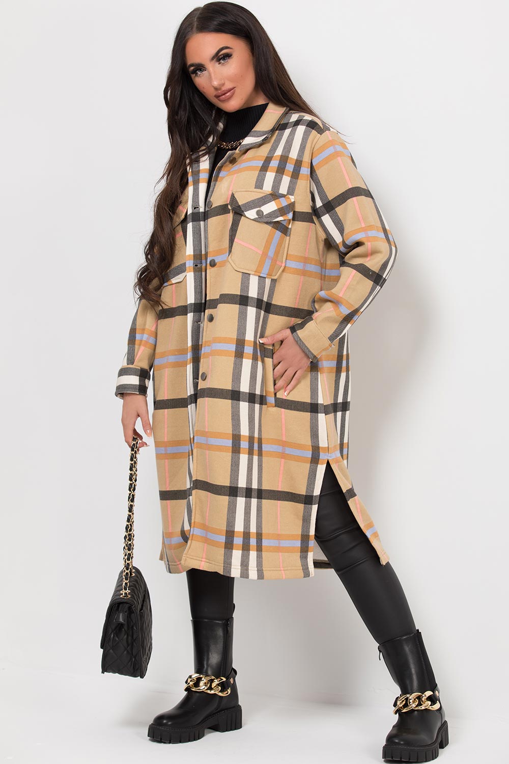 womens long checked shacket