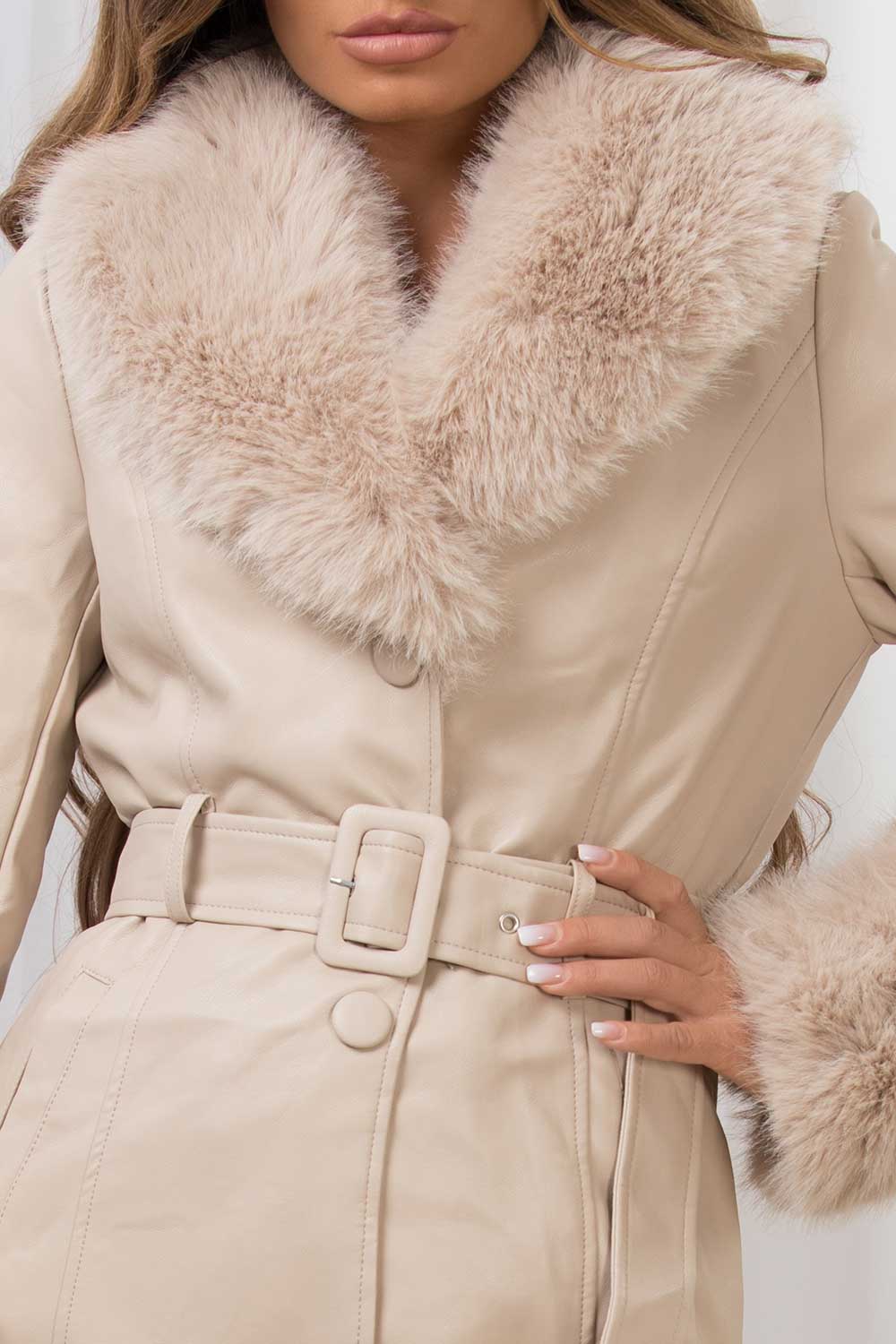 womens faux fur collar and faux fur trim pu leather jacket with belt beige
