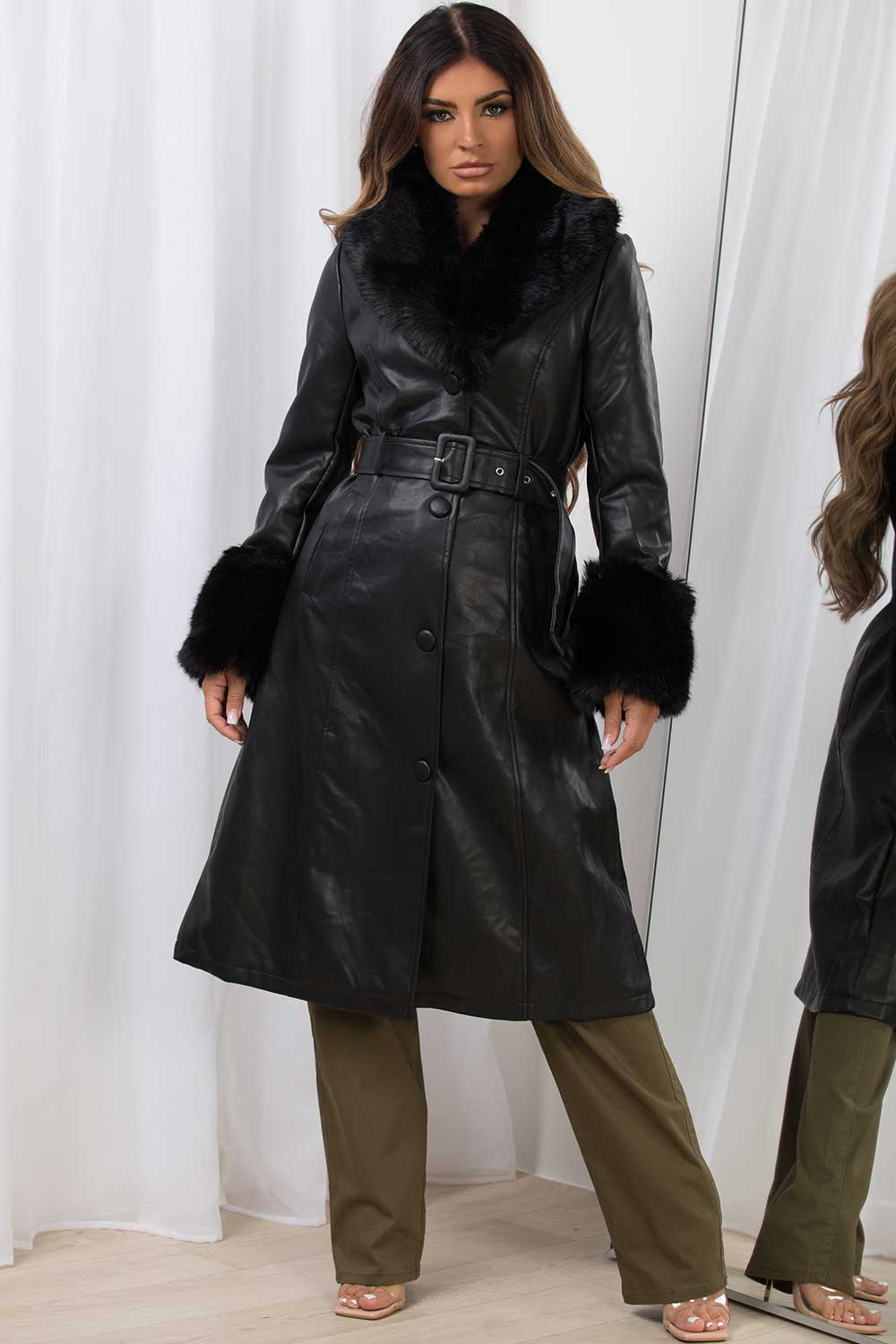 black long faux fur faux leather jacket with belt womens