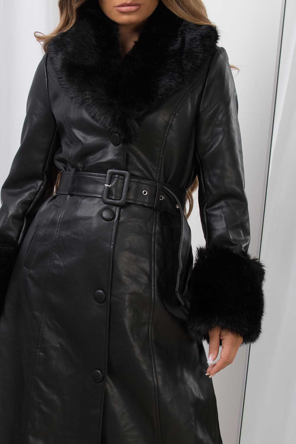 black faux fur faux leather jacket with belt