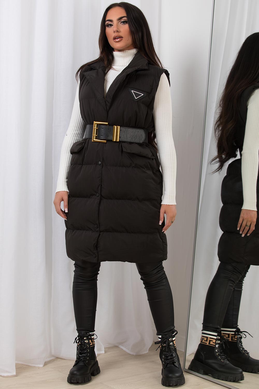 long padded puffer gilet with belt womens uk