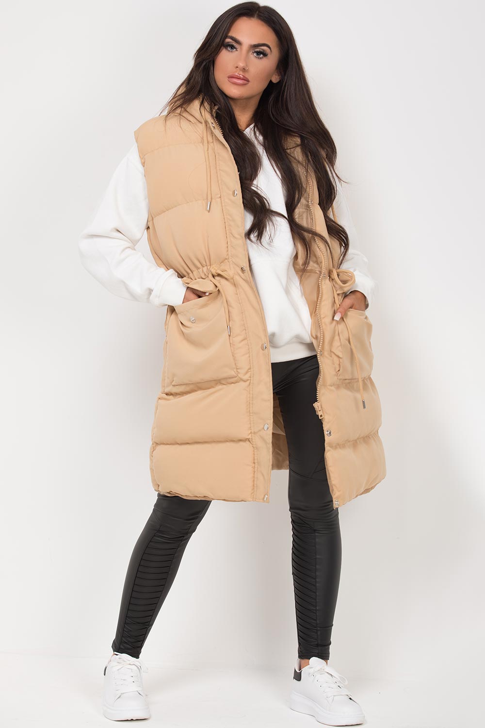 puffer gilet womens longline drawstring waist stone