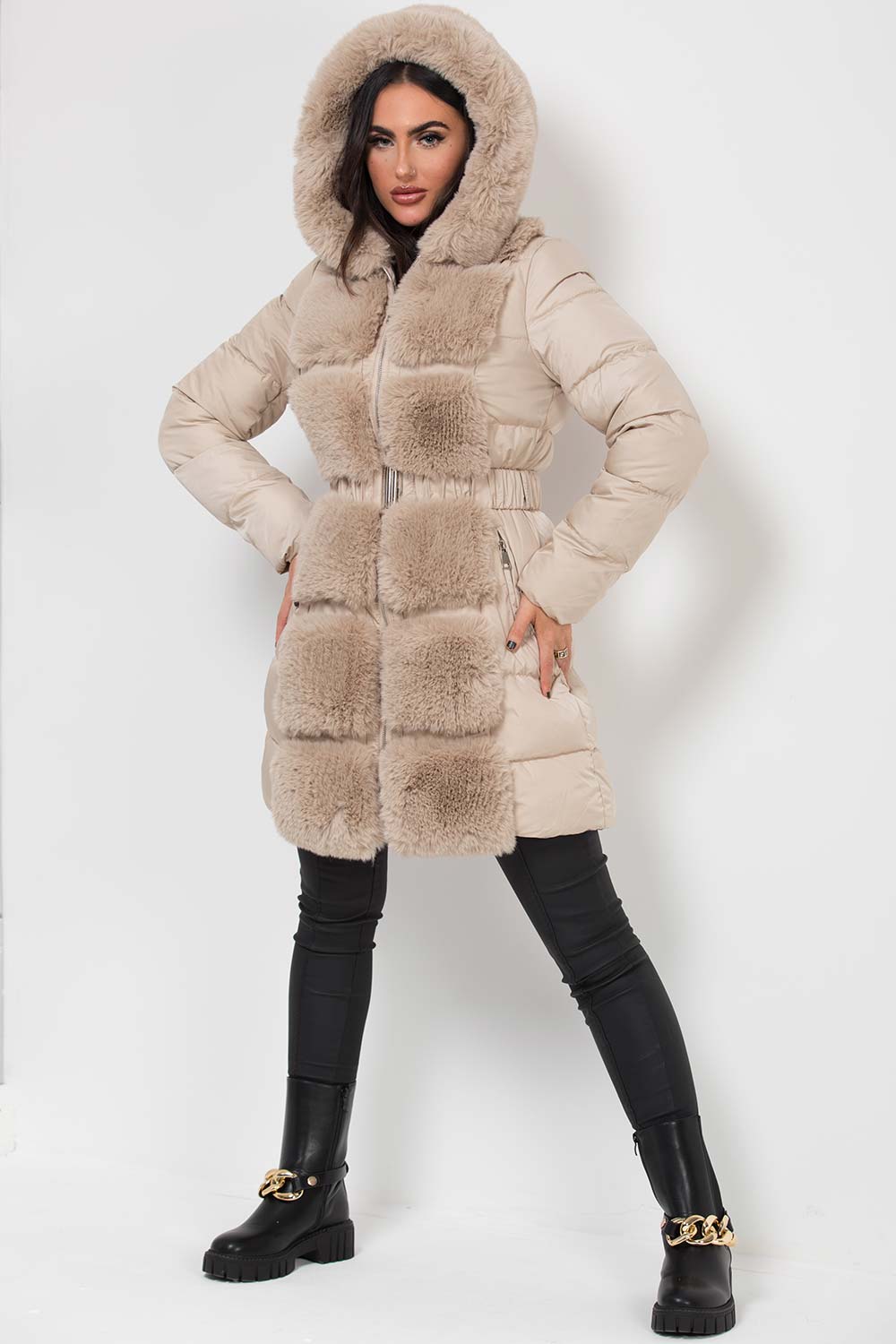 faux fur hooded padded puffer long coat with belt