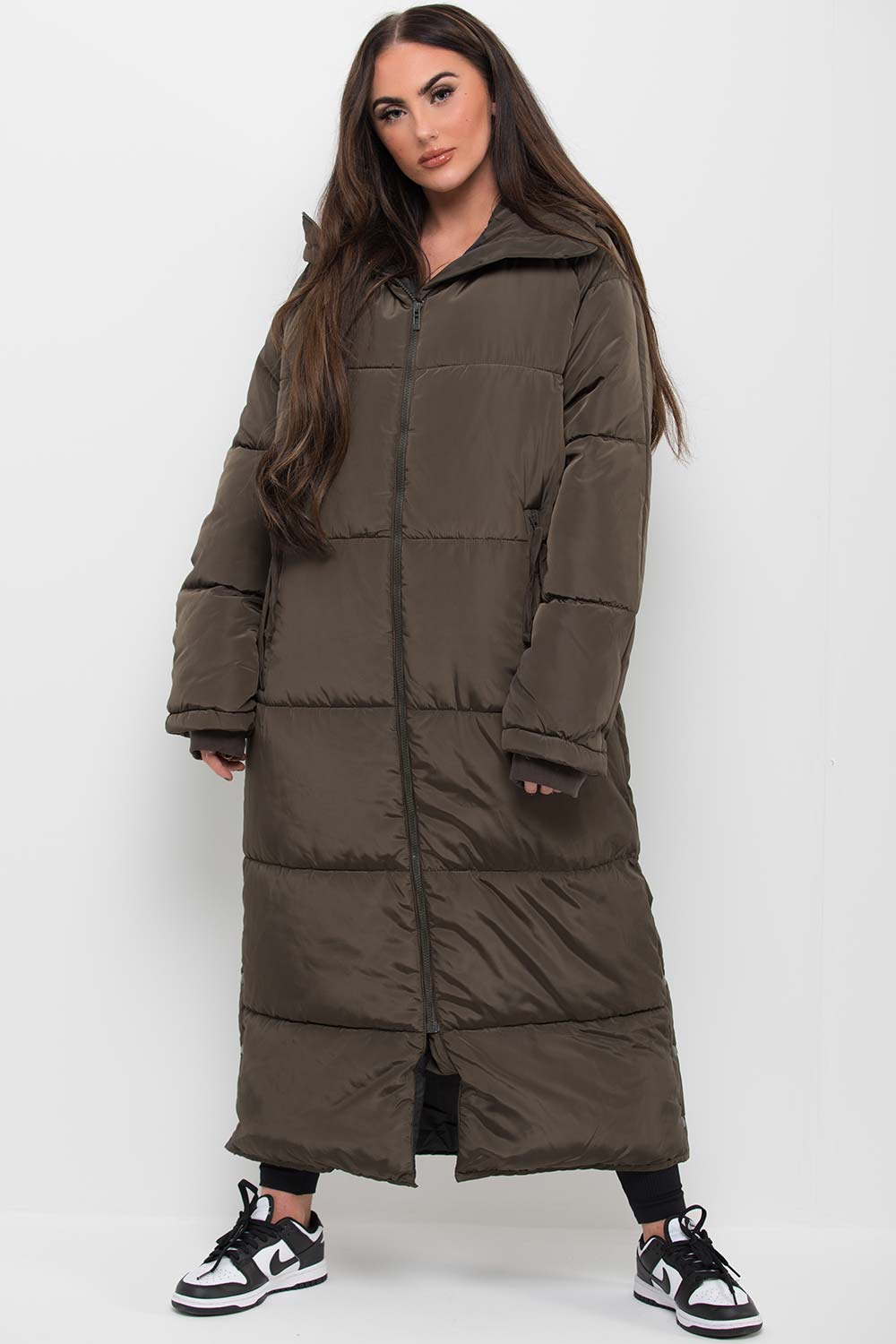 womens long padded coat khaki