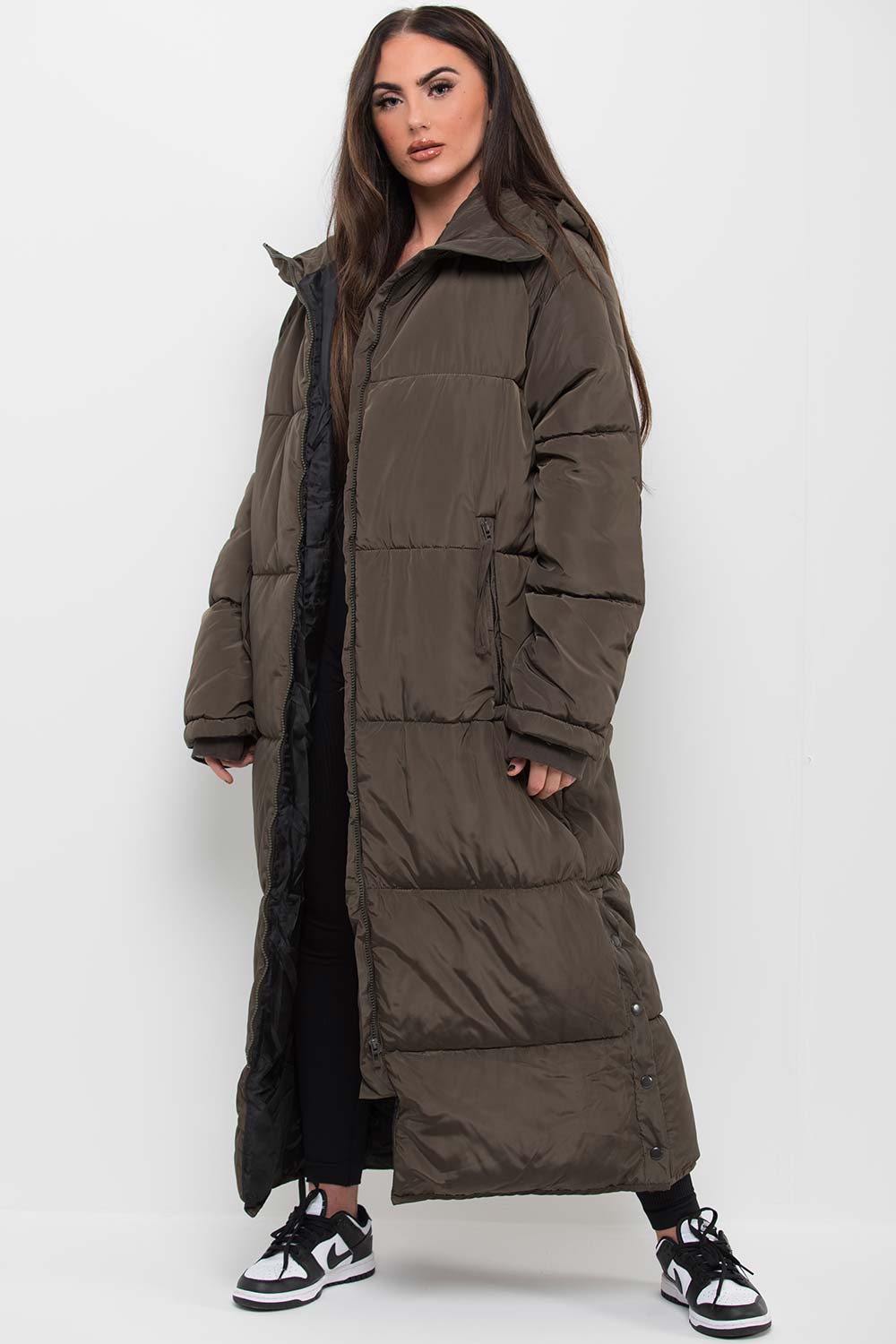 long puffer padded coat khaki womens