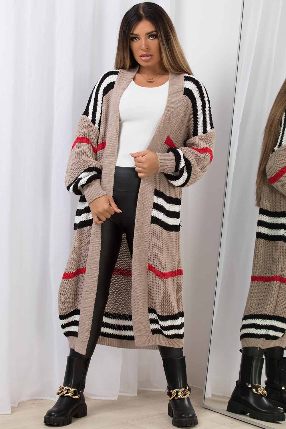 Long Oversized Cardigan With Red White Black Stripes