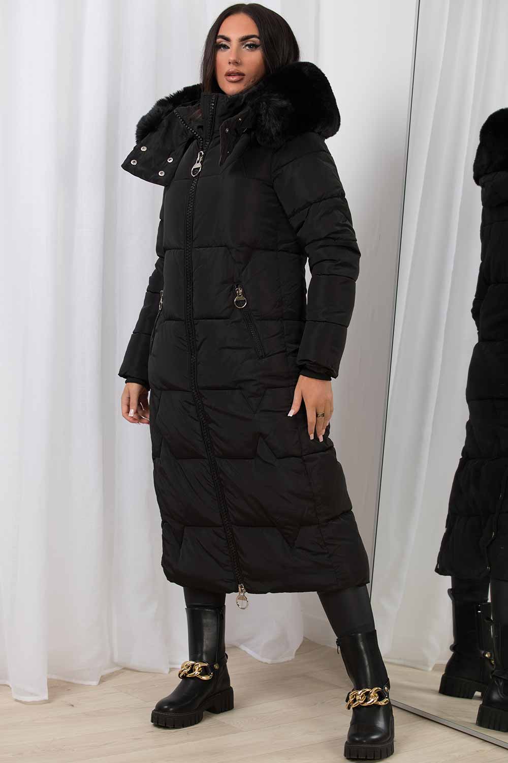 long padded down coat with faux fur hood womens