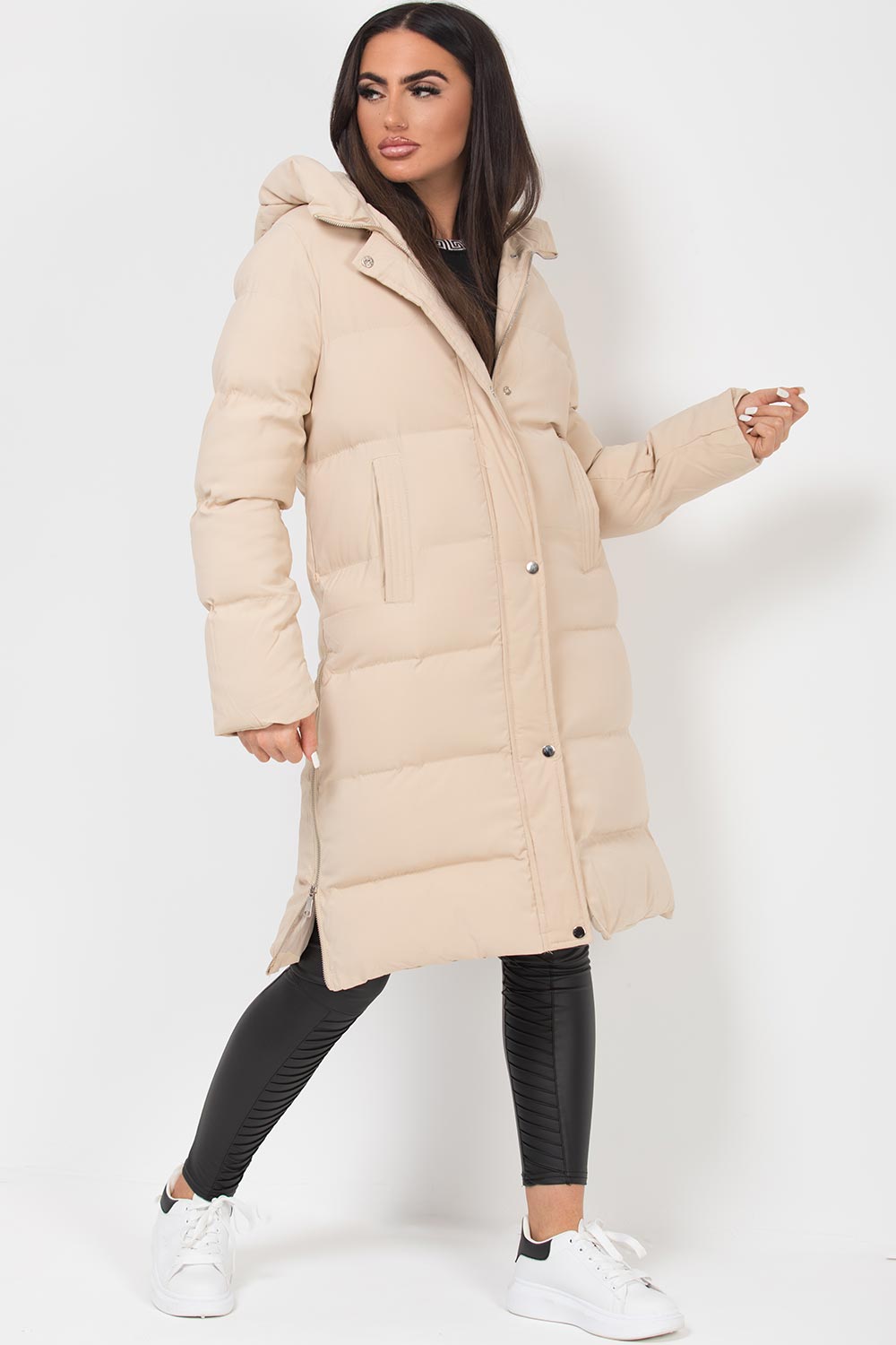 longline padded coat beige