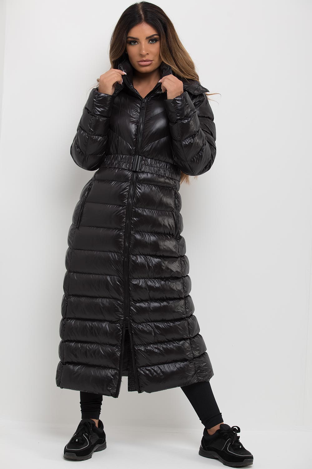 womens puffer padded longline coat with hood