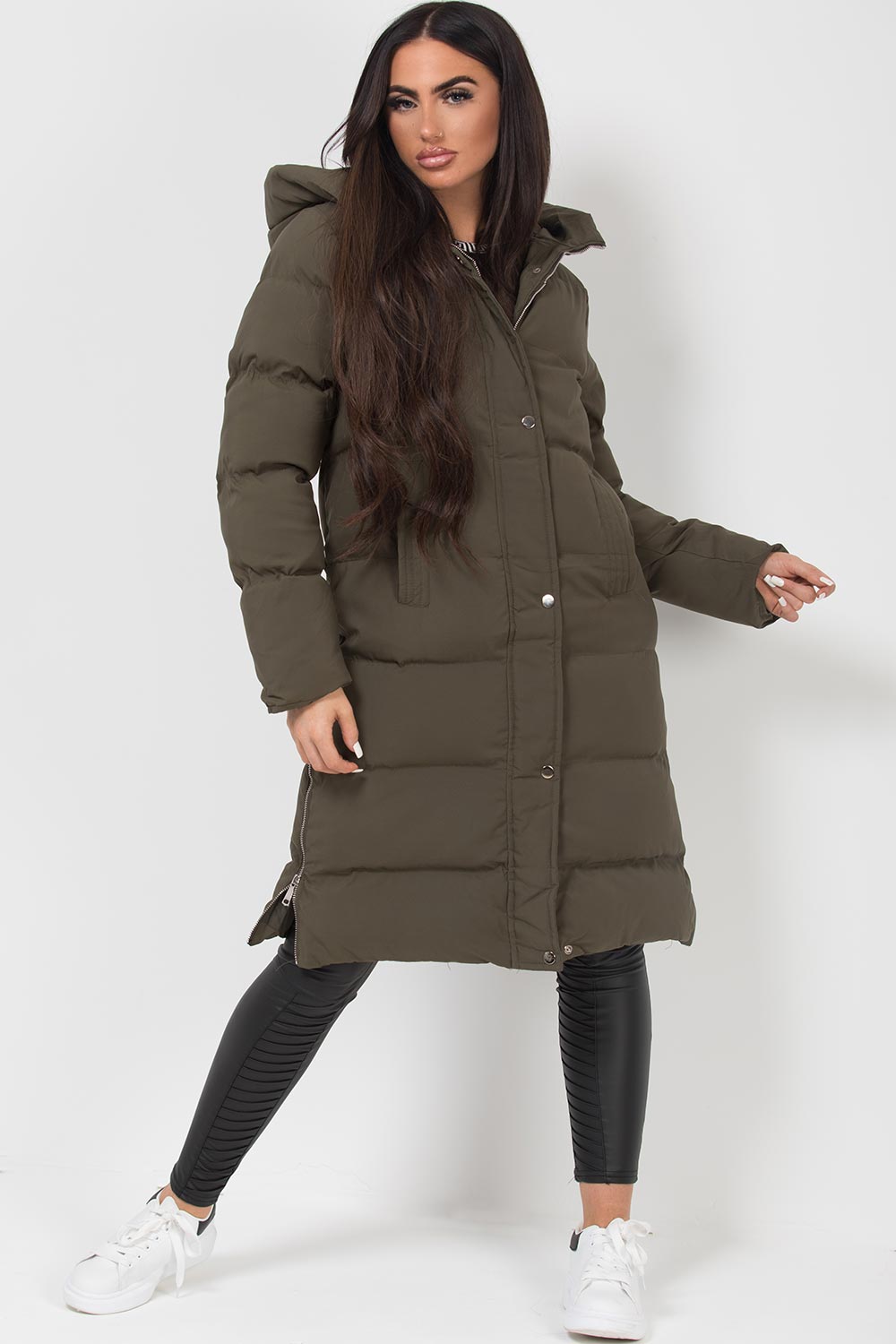 long puffer padded hooded coat khaki