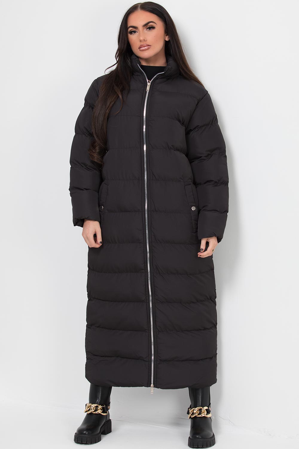 black maxi puffer coat womens