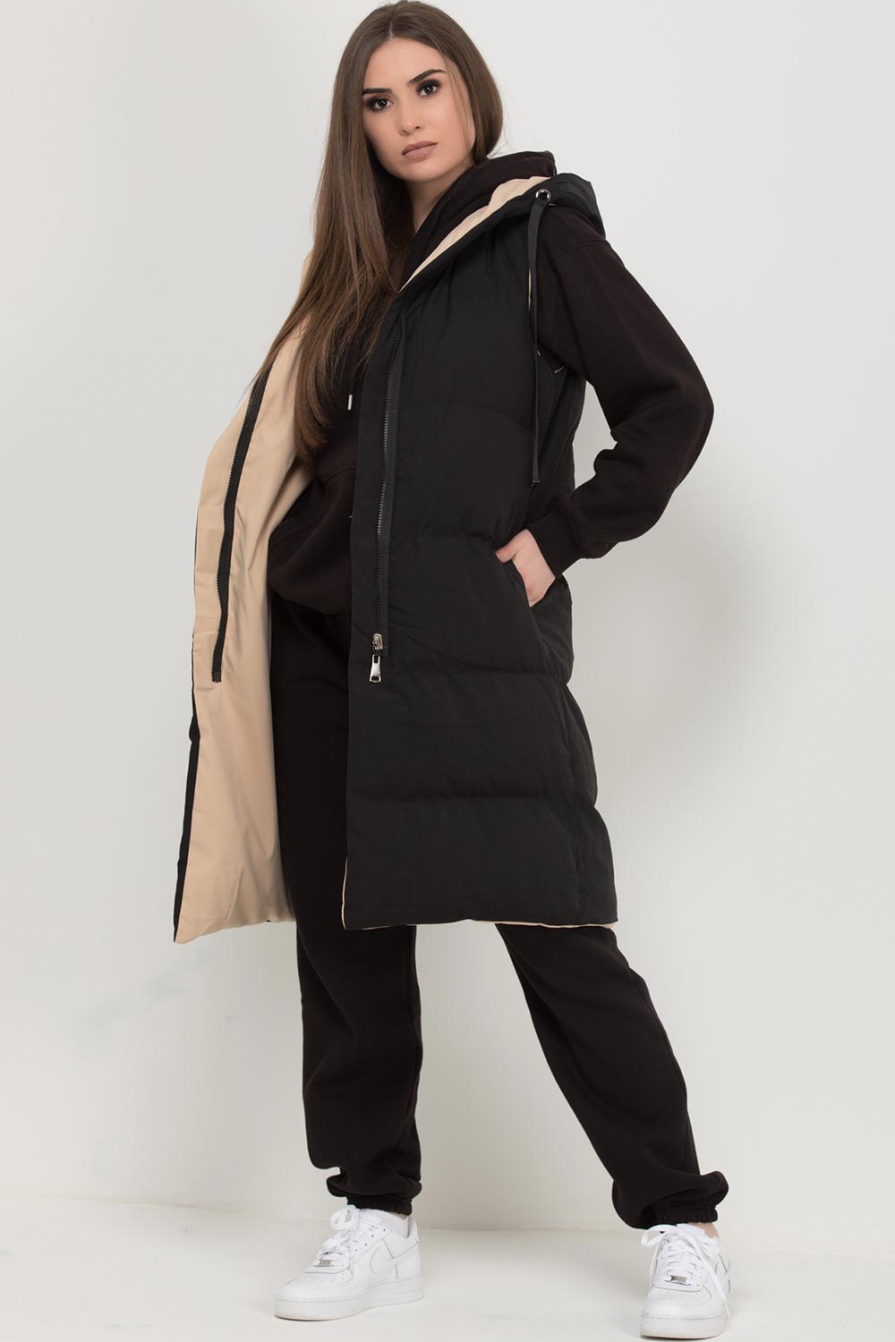 womens reversible padded long gilet sleeveless jacket