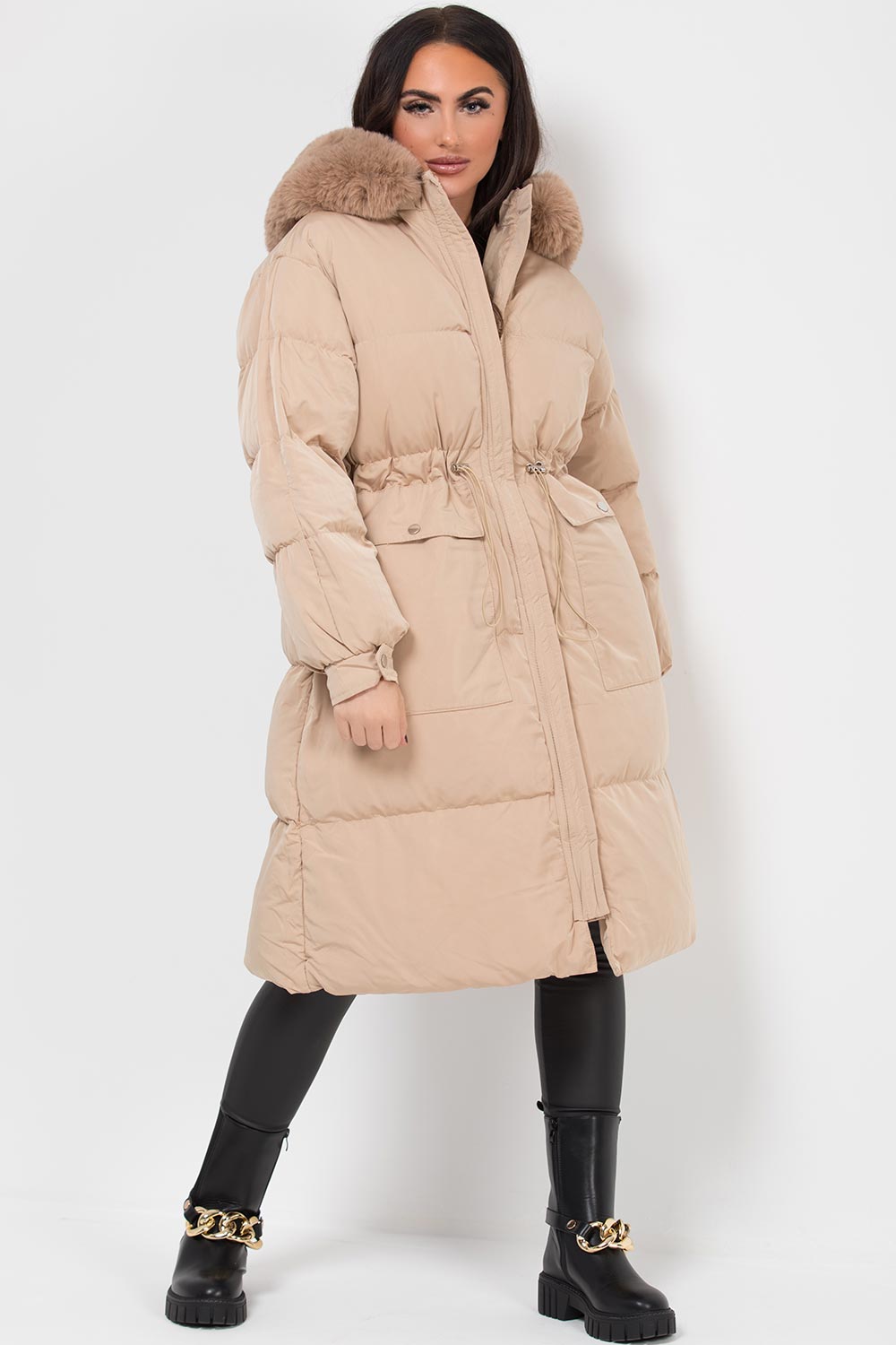 womens long puffer coat beige