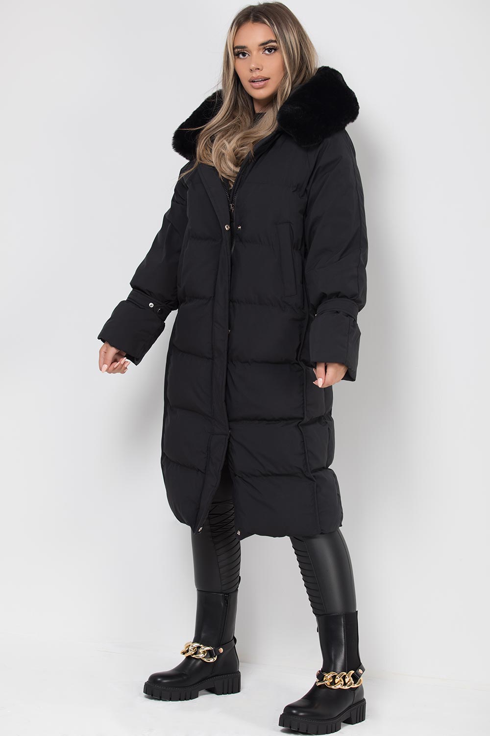 black longline puffer down coat womens