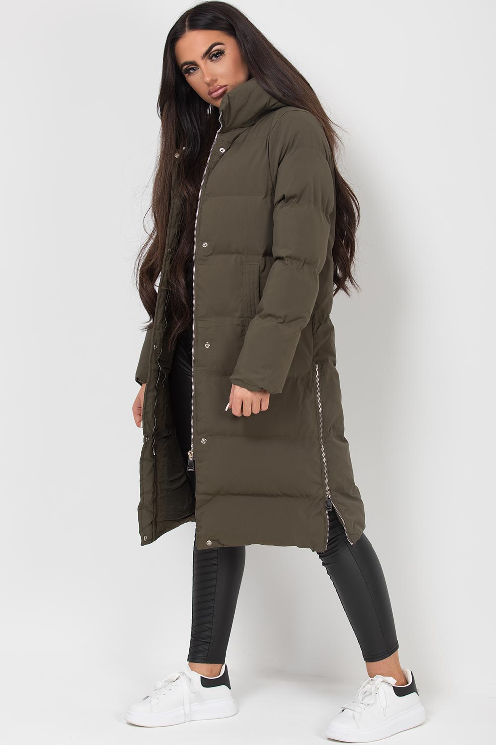 womens long padded puffer hooded coat khaki