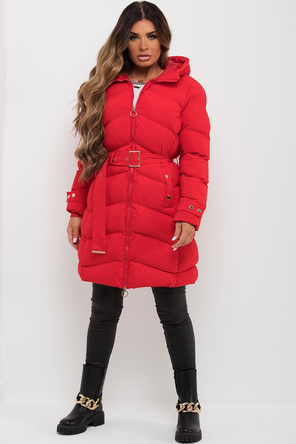 long puffer coat with belt womens
