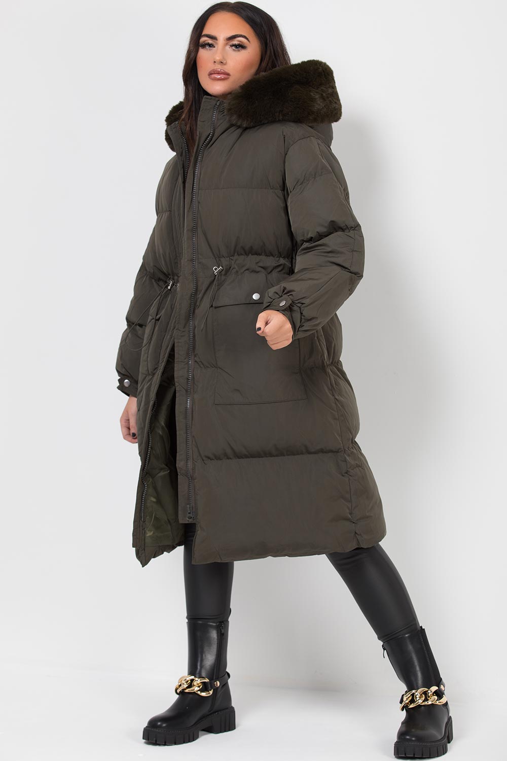 womens long puffer coat khaki