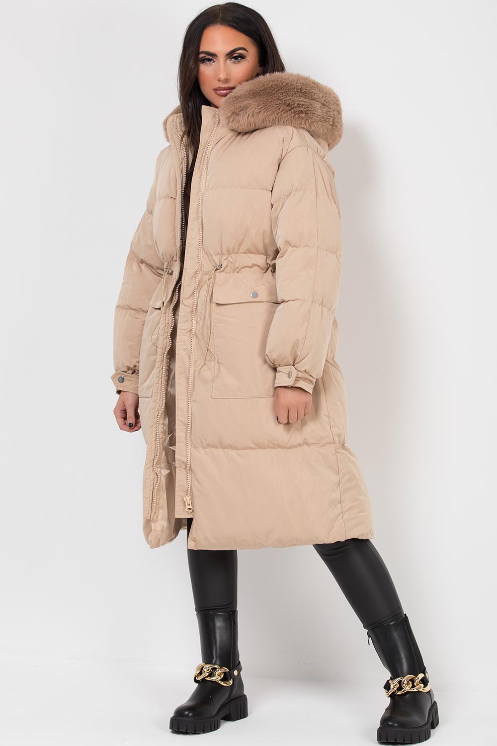 beige long puffer coat womens