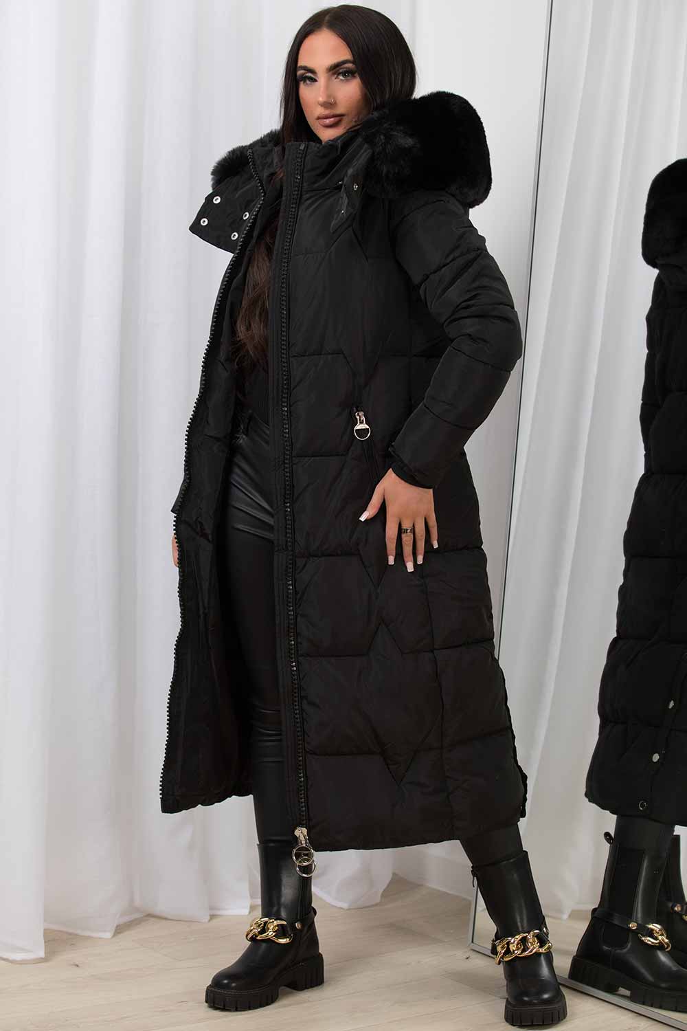long puffer down coat with faux fur hood womens