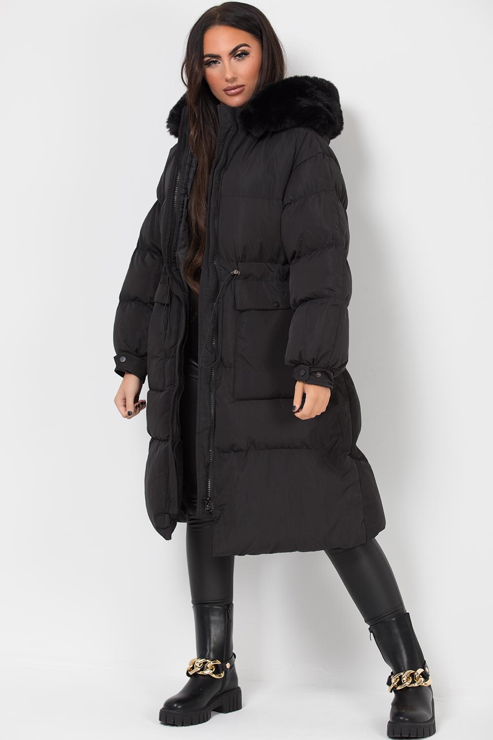 black puffer coat with fur hood