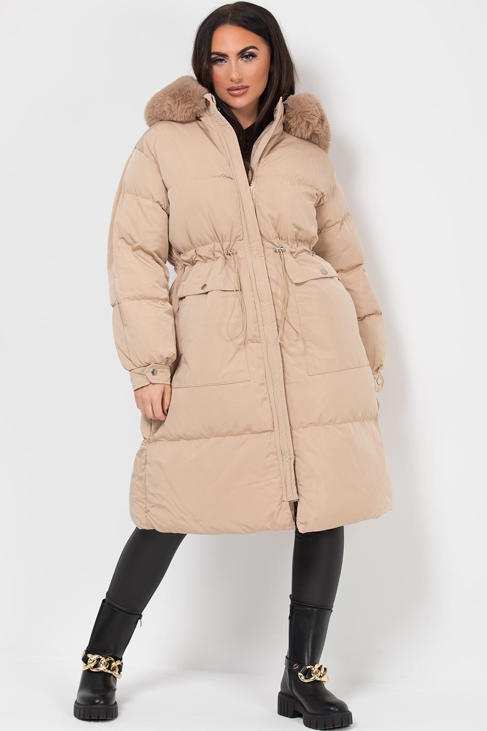 long puffer coat with drawstring waist