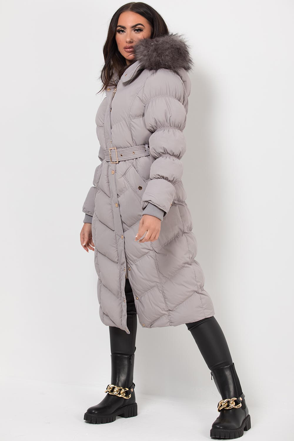 womens long puffer coat grey
