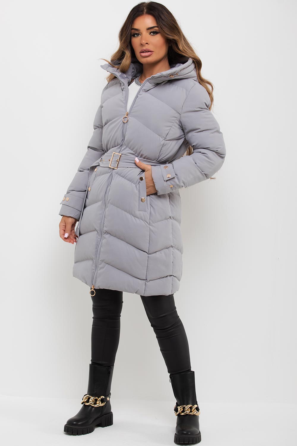 womens longline coat with belt and hood