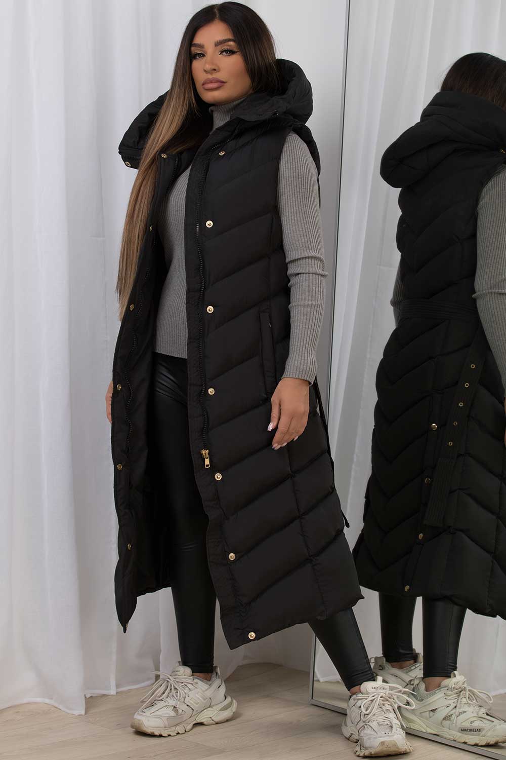 womens padded puffer gilet with belt longline